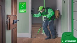 centurylink on-site technician breaking and entering a home with a crowbar