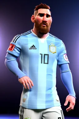 Realistic Messi Argentina soccer player Portrait, mid shot low view, concept art, art station, 3d, photo studio, blue clean background, unreal engine 5, ray tracing, RTX, lumen lighting, ultra detail, volumetric lighting.