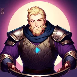 A nord male battlemage from Skyrim, full plate nordic armor, blond hair of medium length, hearty, smiling, thick short beard, purple shock spell in right arm, correct proportions