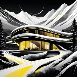 Ilustración minimalista de una casa campestre estilo Zaha Hadid forma ovalada en las montañas arte nouveau neón lineal color negro blanco y amarillo calidad ultra fondo ciudad