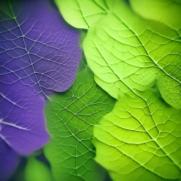 An out of focus, psychedelic and abstract microscopic serigraphy of leaves' texture. Image is almost white with subtle gradients. Colors are light green, deep purple and yellow. Heavy grain texture and vintage look.