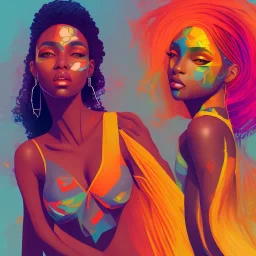 Portrait of beautiful black woman, illustration, bright colors, long hair