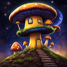 colorful yellow and indigo mushroom house on a tall dirt pillar with a grassy top in outer space. stars, grass, mushroom house, dirt pillar. Detailed gloss Painting, rich color, fantastical, intricate detail, splash screen, hyperdetailed, insane depth, concept art, 8k resolution, trending on artstation