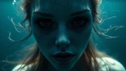 close up face shadow eyes, void, pain, hyper-realistic detail, floats in deep sea, Dark sea ten and in her hair, drils and shadow around, abyss, fog, Style crepy stunning, dark, surreal vibe underwater and meticulous detail clean pale skin and face. dark shadow and weird mood