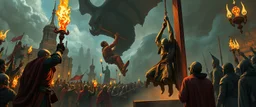 fantasy art, style of Escher , A public execution: The party arrives at a city square just in time to see the Flaming Fist hang a convicted smuggler or cultist. The crowd is loud and bloodthirsty.
