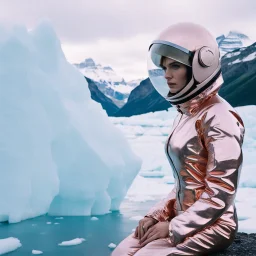 Fashion film in the icefields of Patagonia, a stunning supermodel in an incomplete Astronaut pink bronze suit discover the icefields and giant iceblocks and icebergs using stunning poses we can see her face through the glass . Supreme landscape, inticate background and a minimalist composition that creates a great megalophobia effect. Old lens, old Kodak vision filmstock, 1600 iso.