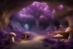 underground cave, Various purple, gold,rose, mushrooms, a huge purple tree at the end of the cave, top with lucioles light, panoramic view, extremely high-resolution details, photographic, realism pushed to extreme, fine texture, incredibly lifelike perfect shadows, atmospheric lighting, volumetric lighting, sharp focus, focus on eyes, masterpiece, professional, award-winning, exquisite detailed, highly detailed, UHD, 64k,