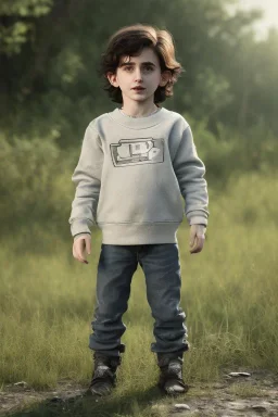 Timothee chalamet toddler, robocop, full body, jump, bokeh, hyper realistic