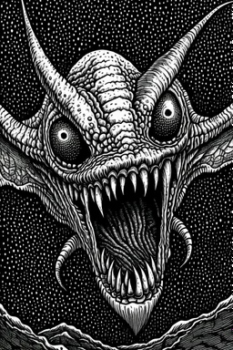 Moth / shark hybrid demon in the style of Berserk manga. B/w.