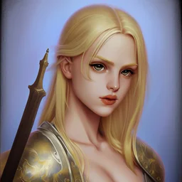 Portrait of beautiful blonde woman with a sword