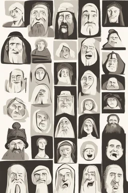 diferent medieval faces of diferent medieval people with diferent expressions, some dramatic, somo happy. the style is minimal black and white stamp. in the sheet there are more than 5. very diverse court memebers and everyday people. man, woman, kids. white background