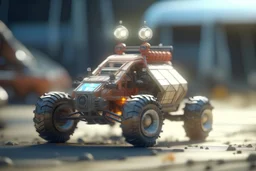 lowpoly lama driving highly symmetric metallic rocket propelled mad max ATV with rounded glass bubble roof, bokeh like f/0.8, tilt-shift lens 8k, high detail, smooth render, down-light, unreal engine, prize winning