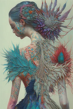 Girl with thorns on her back; girl wearing in intricate gown mixed media such as feathers, thorns, flowers, colorful thread, and gemstones; neo-surreal; quilling, masterpiece, Intricate, provocative