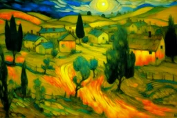 A yellow light angelic village painted by Vincent van Gogh