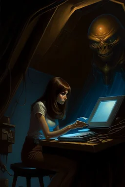 1970's dark fantasy cover dnd style oil painting of a woman with a computer in a videocall with a minimalist far perspective.