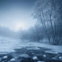 winter landscape, ice field, crystals, dreamlike, foggy