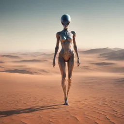 Amidst the desolate landscape, a female alien emerged from the shimmering heat haze. Her form was unlike anything seen on Earth, yet strangely captivating. Multiple eyes, each a different hue, scanned the horizon with the precision of advanced sensors. As she moved across the barren terrain, her movements were fluid and graceful, Each limb moved with purpose, adjusting her trajectory across the sandy expanse. Occasionally, she would pause, Her communication came not in words, but in pulses of li