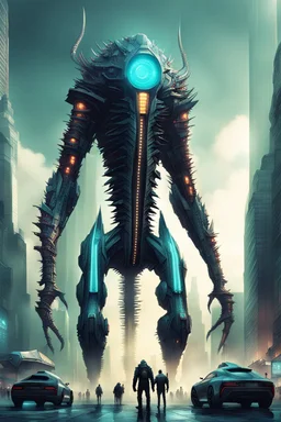 cities of the future cyberpunk in the center of the monster stands on its hind legs