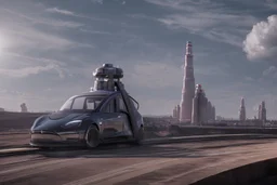 A Tesla 'Model Y' is racing at top speed, in the 'Cloud City' of Bespin. CINEMATIC. WIDE ANGLE LENS. PHOTO REAL.