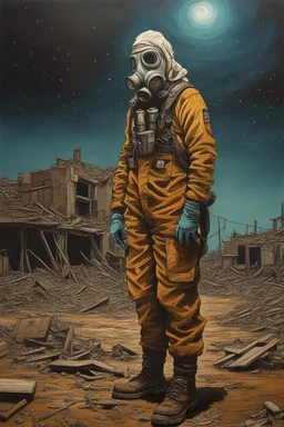 a mesmerizing post-apocalyptic world, the sky filled with stars at night, broken buildings surrounded by debris, the floor is covered with dirt and iridescent oil, a sense of beauty and destruction. An acrylic painting of a lone woman wearing highly detailed safety clothes, wearing a gas mask, aanstanding on a barren. (Acrylic painting by MSchiffer showcasing the meticulous brushstrokes and depth of colors.) Acrylic paint blobs in relief, The pollution looks almost like glowy northern lights in