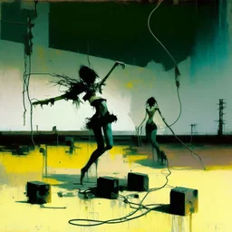 Dystopian future women with a twisted body dancing with retro monitor head and handing wires. In desolate landscape low horizonline at night. With a concrete decaying blocks. Abstract oil painting in style of Justin Mortimer and Phil Hale