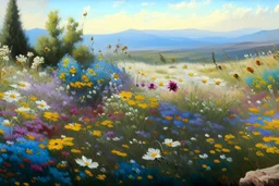 Oil painting of a landscape, wit several kinds of wildflowers blossoming, realistic colors, ultra high details