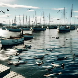 A harbor with some boats and some seagulls