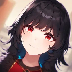 Clear focus,High resolution, black short fluffy hair, long fluffy bangs, and red eyes, Depressed girl, wearing a techy outfit, Smug smile, half closed eyes, smile, Extreme close up,