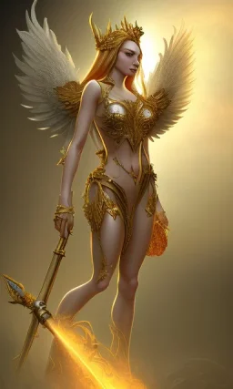 Female angel with big wings and golden crown floating above the ground in the dark, michelangelo style, detailed, world of warcraft style