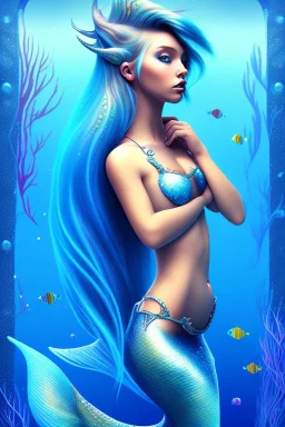 girl, cute, beautiful, mermaid tail, blue hair, underwater, glitter