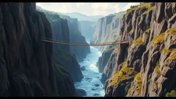 In a fantasy world, a deep gorge with vertical stone sides has a tumultuous river flowing at the bottom. At ground level, above the gorge, a rope bridge has been constructed to span across the gorge. The scenery is awe-inspiring. Colour photograph