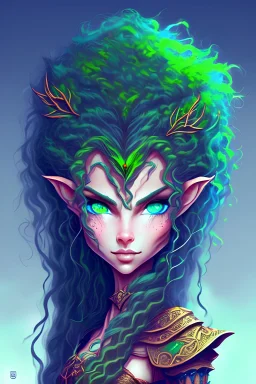 elf maiden, wild hair, blue-green eyes. cartoon