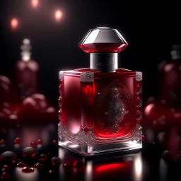 Silver rectangular perfume bottle with red crystal cap and small silver decorations. Illustrative art, art interpretation, concept art, cgsociety contest winner, seasonal art, seasonal art HD, 4k, 8k, intricate, detailed, intricately detailed, luminous, translucent fantasy crystal, holographic data, soft body, shadow play, light, fog, atmospheric, cinematic, light film, hyper-detailed, hyper-realistic, masterpiece, atmospheric, high resolution, 8k, HDR, 500px, mysterious and artistic digital art