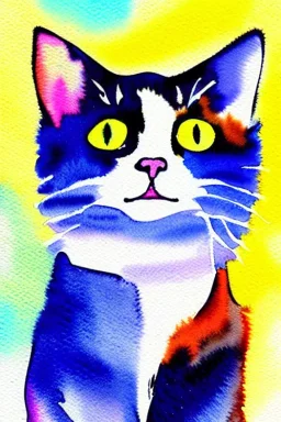 watercolor painting, happy cat, bright color,