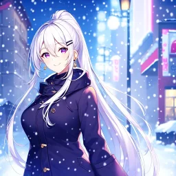 girl, masterpiece, best quality, volumetric lighting, detailed outfit, perfect eyes, long hair, white hair, purple eyes, snowing, winter clothes, smiling, street, ponytail, hairclip, earring, hair between eyes,