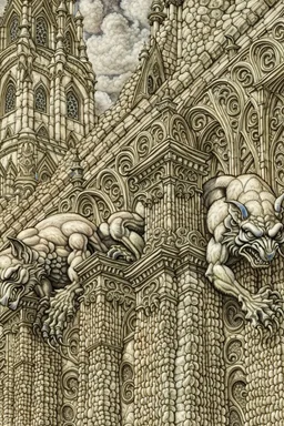 Gargoyles Promt: Art Nouveau Gothic Hyper realistic intricate oil paint detailed pencil sketched Notre Dame gargoyles in the style of Escher, a resin painter