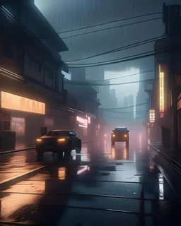 Cyberpunk district with giant foggy skyscarpers, cars, FoV: 100, HD, Unreal Engine 4, Blade Runner 2049, heavy rain, rainy streets reflection, neon signs, low contrast, grainy, less color