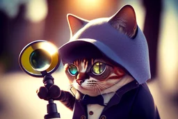 cute chibi spy cat in detective clothes and hat with magnifying glass, watching pictures with it in sunshine, ethereal, cinematic postprocessing, bokeh, dof