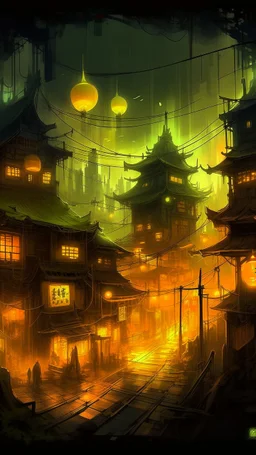 A yellow spooky haunted glowing electrical city painted by Zhang Lu