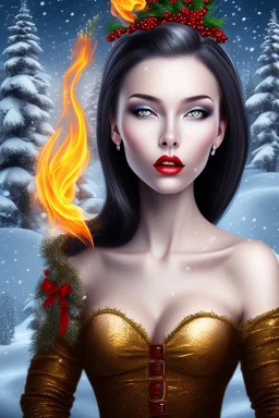 portrait lady big bobs black hairs Christmas in the snow and fire