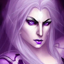 Female dungeons and dragons character, aasimar, fey warlock, spy, black and white hair, glowing eyes, mysterious facial expression, close-up, violet magical energy