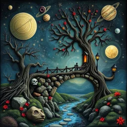 Photograph hasselblad h6d400c --ar 85:128 --v 6.0 of a fairy old bewitched bridge, tree, made of felt, art, 3d deep field, wide angle landscape scene, galaxies and planets, creepy, Max Ernst, needlepoint, abstract silhoutte, expressionist style, colorful holiday