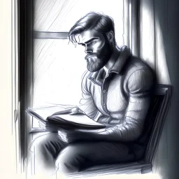 draw a realistic pencil sketch of high dark skeen young man with a light beard, holding a book, sitting on a chair in front of a window