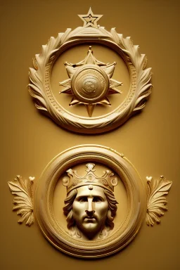 Ultra Realistic image, Roman sculpture, white marble material, Lionel Messi, gold Laurel leaves wreath, god crown, rings, baroque ornaments, one gold star in heart, sun ornament, sun rays background, chisel style, waist up portrait, emperor style, epic, celestial, cinematic lighting, God light, god rays, 4k resolution, smooth details, ornate details, soft lighting, unreal engine 5, art station, substance 3d.