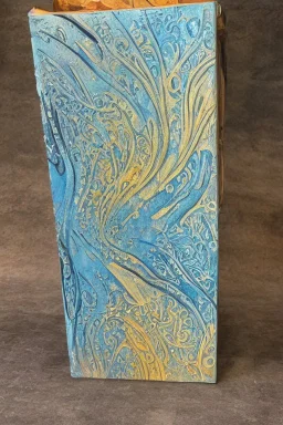 scroll holder, metallic, massive, cold colours, watercolour, large strokes, intricate design