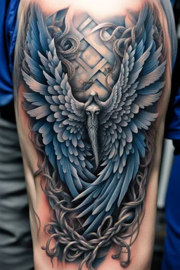 upclose ultra realistic and highly detailed photo of a tattoo, close up texturised image of an angel wing, on the angel wing a name is written -"Jiu-Jitsu", the backgrond is an abstract, chaotic and explosive collage of of vines with thorns and rope knots,.blue and gray,.32k