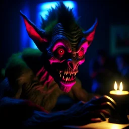 demon from the movie "insidious", wild goblin birthday party on stonebridge background , motion blur, 8k, downlight, soft light, depth of field, photorealism, trending on art station, lotsa detail