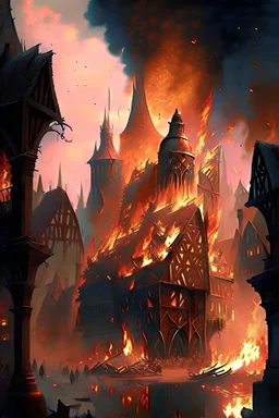 medieval fantasy city. and medieval fantasy city burning.
