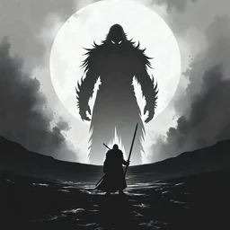 A high-contrast black-and-white illustration of lone warrior in a dark landscape, standing before a massive shadowy version of themselves. The battle is not against an external enemy but an internal one.