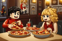 blonde lego girl and curly black haired lego boy eating lego pizza in an italian restaurant in candlelight